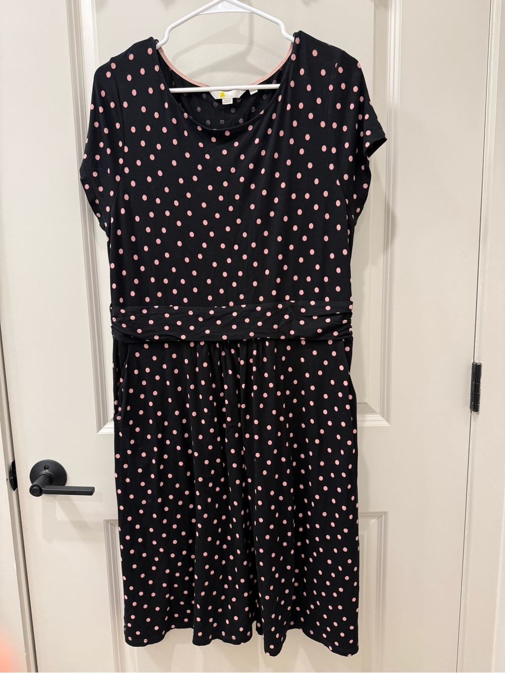 Boden Amelie Jersey Midi Dress Sz 14 Black Pink Polka Dot Pockets Preppy Office